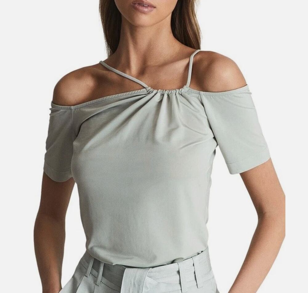REISS Women's Cierra Strappy Off-Shoulder Top Medium Light Green SS NWOT